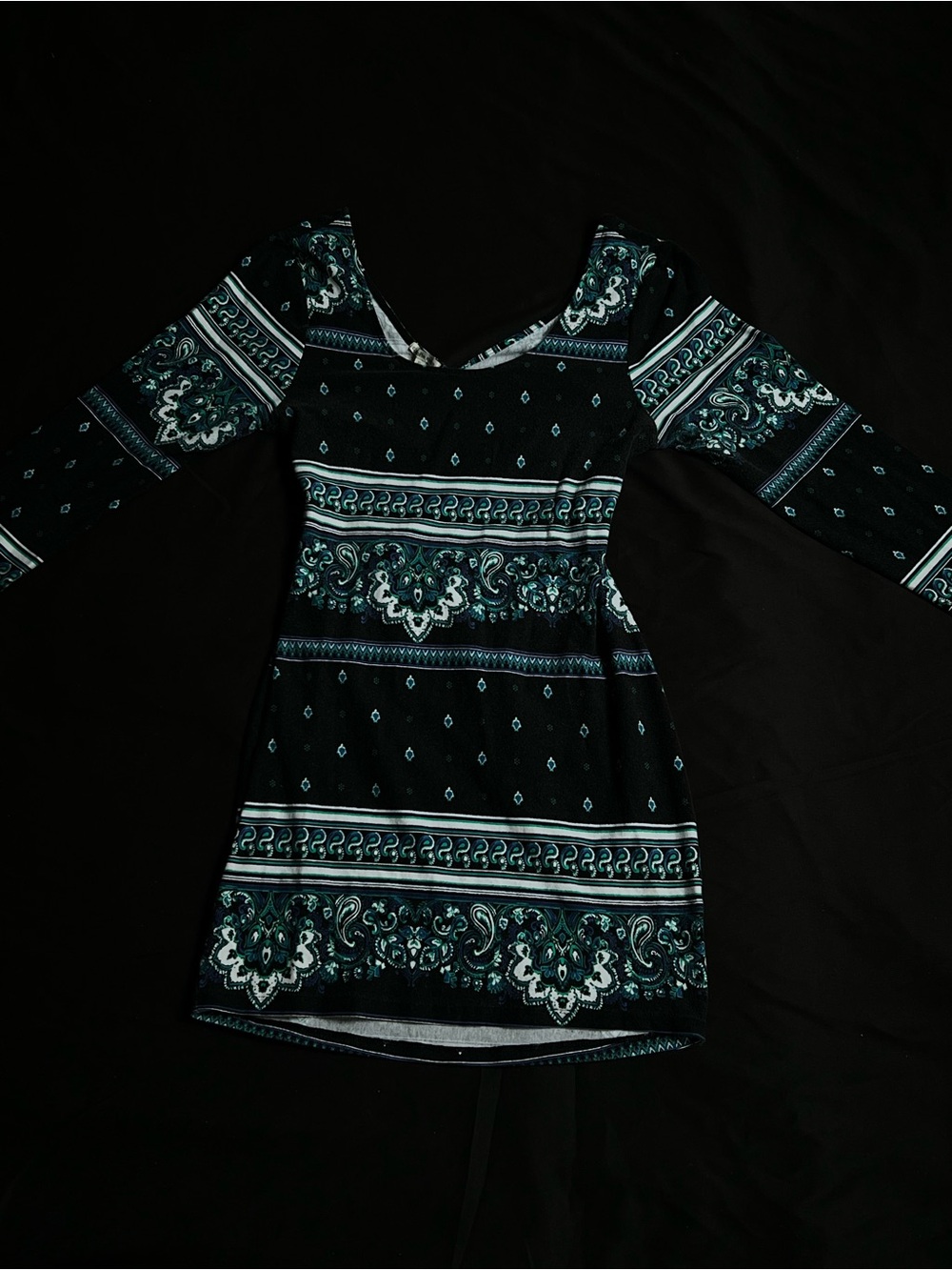 Women's Black & Teal Patterned Long Sleeve Mini Dress